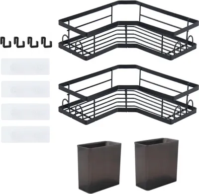 Produktbild von MODFU Duschablage Ohne Bohren Schwarz Eckregal, Duschregal 2er-Pack, Badregal Ohne Bohren, Shower Shelf Mit 4 Haken, Shampoo Halterung für Dusche, Dusche Halterung für Badezimmer, Küche