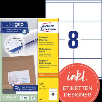 Image de Avery Zweckform 3426 Étiquettes universelles, 105 x 70 mm, Convient pour Deutsche Post INTERNETMARKE, 100 feuilles/800 étiquettes, blanc