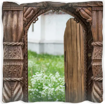 Produktbild von Wallario Premium Kissen, weiche Oberfläche, mit Motiv Offene alte Pforte mit Schnitzereien aus Holz, Größe: 40 x 40 cm, mit weißer Rückseite