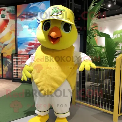 Produktbild von Zitronengelber REDBROKOLY Papagei als Maskottchen kostüm gekleidet mit einem Baseball-T-Shirt und Schals
