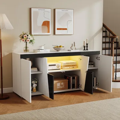 Produktbild von Wohnzimmer-Sideboard mit LED-Beleuchtung, 140x40x65cm, 4 Türen, Schwarz-Weiß, Spanplatte, Hochglanzfronten und App-Steuerung