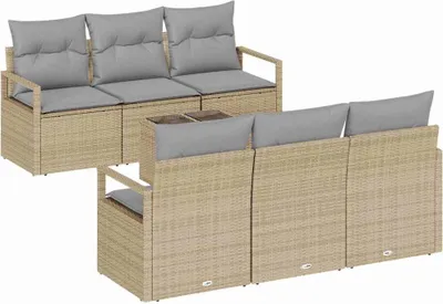 Produktbild von vidaXL Sofa Set mit Kissen 7 pcs Beige und Grau Poly Rattan