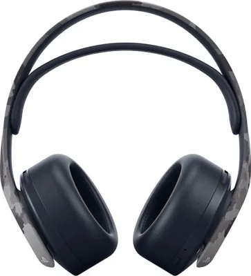 A pair of black and camouflage patterned wireless headphones are shown against a white background.