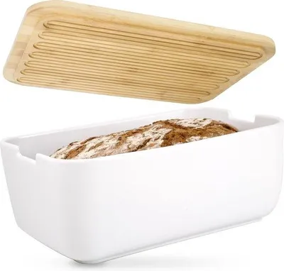 Produktbild von Keramik-Brotbehälter mit Brotbrett für das Aufbewahren von Brot (weiß) | Brotkasten große Brotbehälter, Brottopf, Brotvorratsbehälter, Steinguttopf
