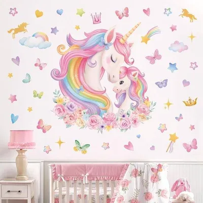 Productafbeelding van Grote Eenhoorn Muurstickers Regenboog Peel en Stick Wanddecoratie voor Baby Meisjes, Kids Slaapkamer, Veilig en Verwijderbaar, Muurkunst