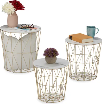 Produktbild von Relaxdays Korbtisch 3er Set, rund, Beistelltisch Wohnzimmer, Metall & Marmoroptik, 3 Größen, Drahtkorb-Tisch, weiß/gold