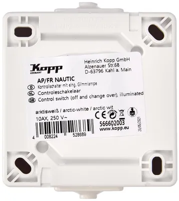 Produktbild von Kopp Nautic Kontrollschalter, Aufputz, für Feuchtraum, 250V (10A), IP44, 566602003, arktis-weiß