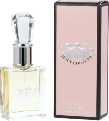 A bottle of Juicy Couture perfume and its pink packaging are displayed side-by-side against a white background.