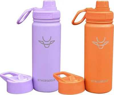 Immagine prodotto di Borraccia termica in acciaio inossidabile da 550 ml, 18 oz, a doppia parete, facilissima da usare, arancione/viola