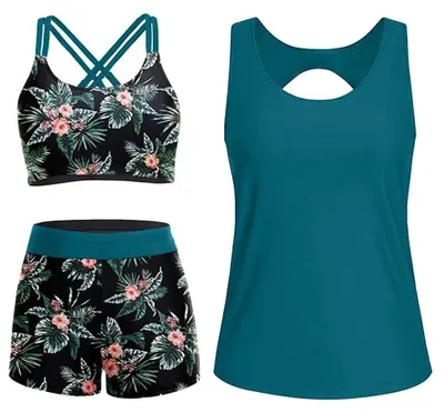 Produktbild von Inovra Tankini-Set, 3-teilig - Bauchkontrolle - Große Größen - Verstellbarer Bikini-Oberteil - Hohe Taille - Durchgehender Tankini-Oberteil - Badeanzug