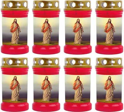 Produktbild von Grabkerze Rot 8er Pack, Brenndauer: 40 Stunden ( je Kerze ), Motiv: Jesus