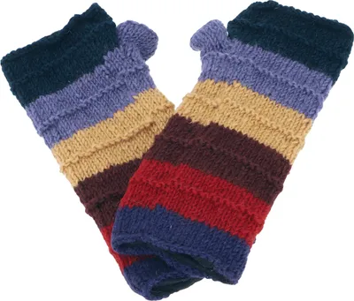 Produktbild von Geringelte Handstulpen aus Nepal, Handgestrickte Pulswärmer aus Schurwolle - Blau/bunt, Uni, Mehrfarbig, Handschuhe & Handstulpen