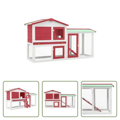 Image de The Living Store Grand clapier à lapins rouge et blanc 145x45x84 cm bois