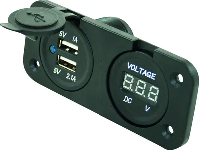 Produktbild von Sockel mit 2 USB-Anschlüssen + Voltmeter, zum Einbauen