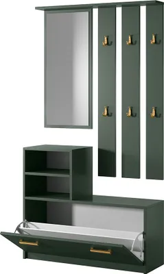 A modern hallway furniture set with a mirror, coat hooks, and shoe storage.