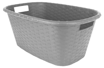A gray laundry basket with a rattan-like texture and handles, shown from a slightly elevated side angle against a white background.