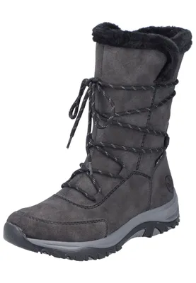A single grey winter boot with black fur trim and black laces against a white background.