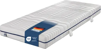 A white mattress with a blue band and labels.