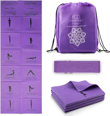 Imagen del producto de Esterilla de yoga plegable para mujer, alfombrilla antideslizante para ejercicios en casa, set de yoga de viaje con banda de estiramiento, ideal para pilates y fitness, de 173 x 61 cm y 5 mm de grosor