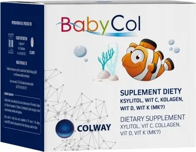 A product box for BabyCol dietary supplement, featuring cartoonish graphics of a clownfish and underwater elements.