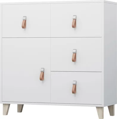 A white dresser with leather handles and wooden legs, shown from the front.