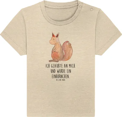 Produktbild von Mr. & Mrs. Panda Organic Baby Shirt Einhorn Glauben 0. - 6. Monat - Natural Raw - Geschenk, Einhörnchen,  Babyshirt, Eichhorn, Kinder, T-Shirt, Einhörner, Unicorn