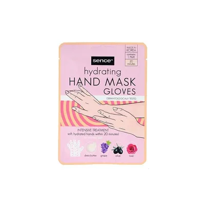 Produktbild von 5x Sence Handmaske Handschuhe Feuchtigkeit – hydrierende Maske für trockene & normale Hände – intensive Pflege mit Shea Butter, Olive, Traube & Rose
