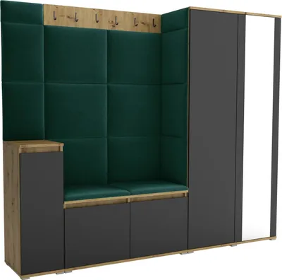 Produktbild von Garderoben-Set Noris VIII mit Spiegel, gepolsterte Garderobe 145 cm mit Schuhkommode, Wandpaneelen und Sitzbank (Farbe: Artisan Eiche/Schwarz+ Trinity 28)