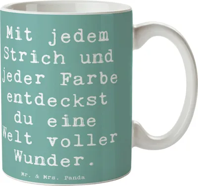 Produktbild von Mr. & Mrs. Panda Trinkbecher Spruch Die Freude an der Kreativität entdecken - Meeresbrise - Geschenk, Entdeckungsreise, Henkelpott, Becher, Magie Kunst, Inspiration