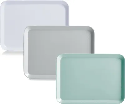 Three rectangular trays stacked on top of each other, each in a different color.
