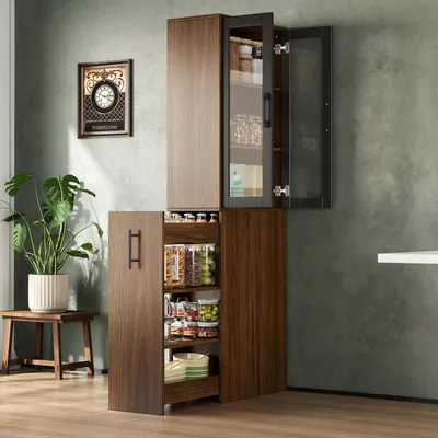 Produktbild von Merax Nischenschrank Küche mit ausziehbarer Vorratswagen, schmaler Hochschrank mit Glastüren, 4 Ebenen Regal mit Rollen, Küchenschrank, Walnuss
