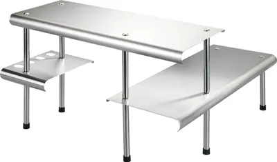 A stainless steel multi-tiered shelf organizer, likely for a kitchen, with two shelves on the right and a smaller shelf with holders on the left.