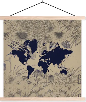 Produktbild von MuchoWow® Textilposter Weltkarte - Pflanzen - Lila 40x40 cm mit holzfarbenen Rahmen - Posterleiste