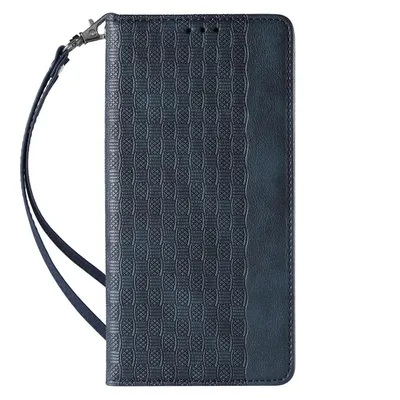 Zdjęcie produktu dla Magnet Strap Case etui iPhone 14 Pro Max pokrowiec z klapką portfel mini smycz podstawka niebieskie