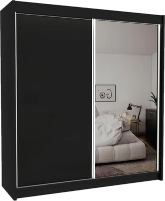 Produktbild von ALTDECOR Kleiderschrank mit Spiegel und Schiebetüren, kugelgelagerte Führungsschienen und Aluminium-Leisten - PARTI - 200 cm - Schwarz