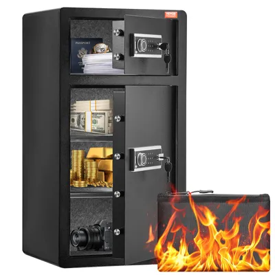 A black safe with its doors open, displaying money, gold bars, a camera, and documents. A fire-resistant pouch is in the foreground.