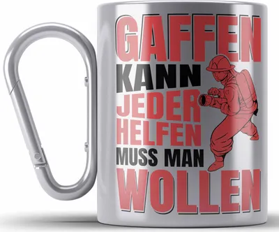 Produktbild von Trendation - Feuerwehr Edelstahl Tasse Karabiner Geschenke Zubehör Lustig Einsatz Geburtstag Spruch Helfen Muss Man Wollen (Silber)