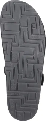 The sole of a black sandal is shown against a white background.