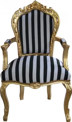 Produktbild von Casa Padrino Barock Esszimmerstuhl Schwarz/Weiß Streifen / Gold mit Armlehnen - Antik Stil Stuhl