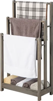 Produktbild von COSTWAY Freistehender Handtuchhalter aus Holz, 3-stöckiger Handtuchständer mit unterer Ablage & Kippschutz, leichter Trockenständer Grau