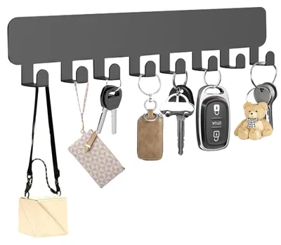 Productafbeelding van Zelfklevende sleutelhanger voor aan de muur, sleutellijst met 8 haken, wandorganizer voor sleutels, decoratieve sleutelhanger voor de muur, zwart, 1 stuk