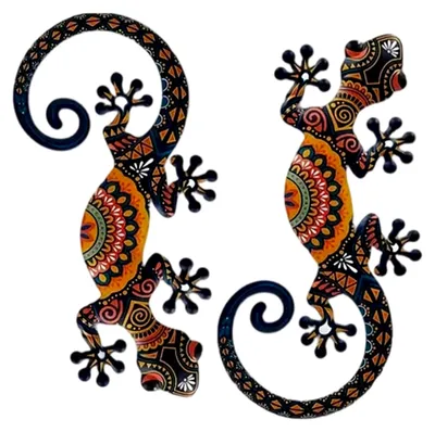 Produktbild von 2er Set Metallgecko Wanddekoration zum Aufhängen, 15 cm, Bunte Ornamente für Innen- und Außenbereiche, Metallwanddeko für Terrasse, Küche, Garten und Schlafzimmer