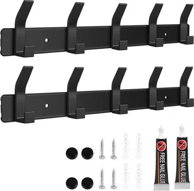 Obrázek produktu pro Hliníkový nástěnný věšák s 5 háčky, do ložnice, koupelny, kuchyně, obývacího pokoje a předsíně, 2 ks, černý