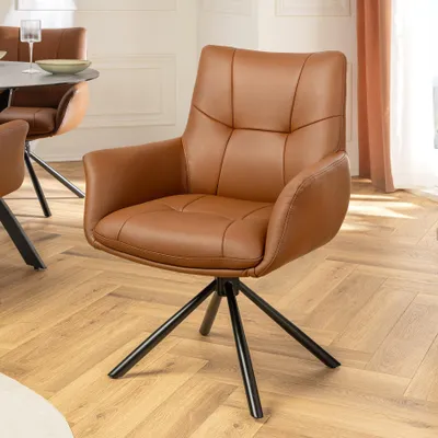 Produktbild von riess-ambiente Drehbarer Design Stuhl SIGNATURE cognac Echtleder 360° mit Federkern schwarz Metall Drehstuhl Esszimmerstuhl