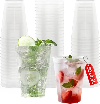 Imagen del producto de Vasos de 50 unidades, de plástico transparente y resistente, ideales para bebidas. Capacidad: 300 ml. Reutilizables, perfectos para postres, bodas, cumpleaños y fiestas
