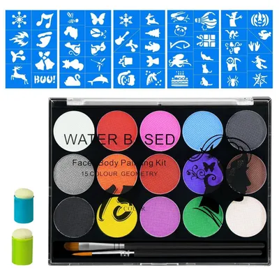 Image de Kit de maquillage pour enfants, 15 couleurs, pour le visage et le corps, avec pinceaux et pochoirs