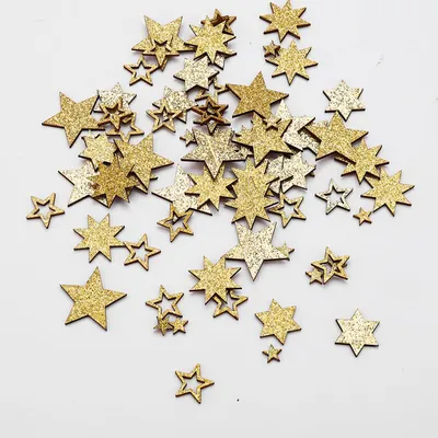 Productafbeelding van Houten sterren, losse stukken - Met glitters - Voor knutselen en decoreren - Goud - 72 stuks