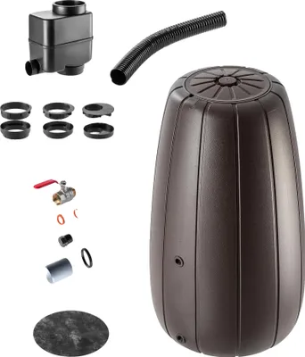 Zdjęcie produktu dla Zbiornik na deszczówkę, pojemność 200 litrów, wytrzymałe tworzywo sztuczne, wysokość 90 cm, średnica 55 cm, praktyczny kran