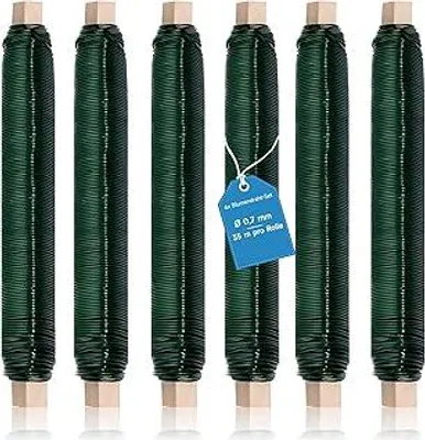 Produktbild von 6X Blumendraht grün, 0,7mm Basteldraht, 35 m pro Rolle Floristendraht, Bindedraht grün, Wickeldraht lose auf Holzwickel zur Befestigung von Blumen und Pflanzen, Bindedraht Garten