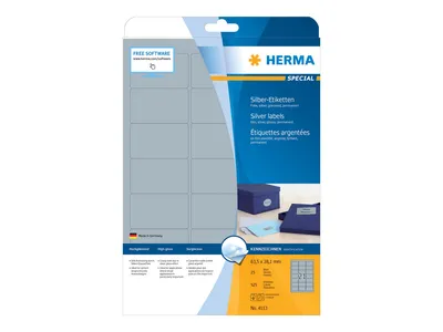 Obrázok produktu pre HERMA Special - polyester - lesklý - permanentný samolepiaci - strieborný - 63,5 x 38,1 mm 525 štítkov (25 listov x 21)